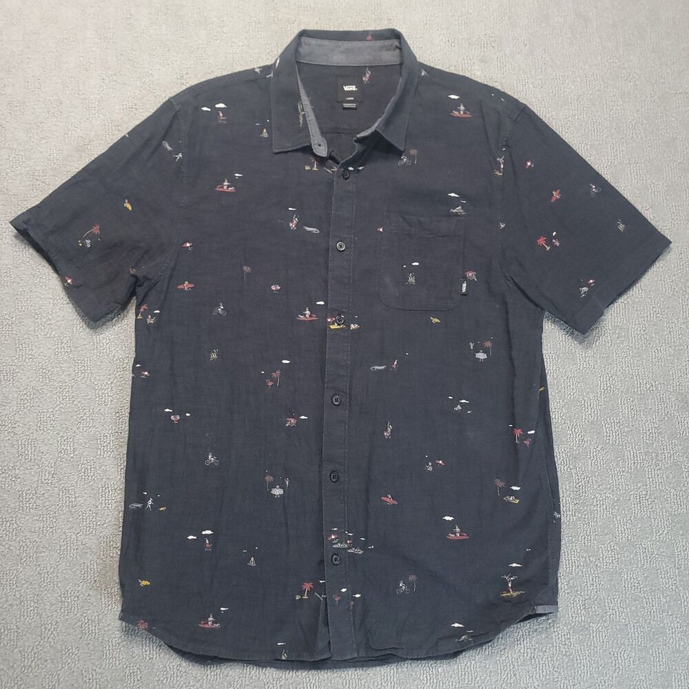 Vans Shirt Mens L Short Sleeve Button Up Black Tres Palmas Beach Scenes Print - Picture 11 of 12